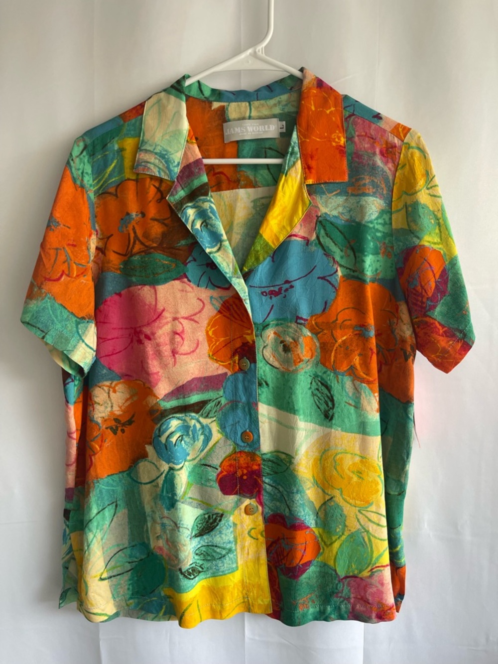 Jams World Women's Short-Sleeve Button Down Shirt - Teal, Orange, Yellow, Pink